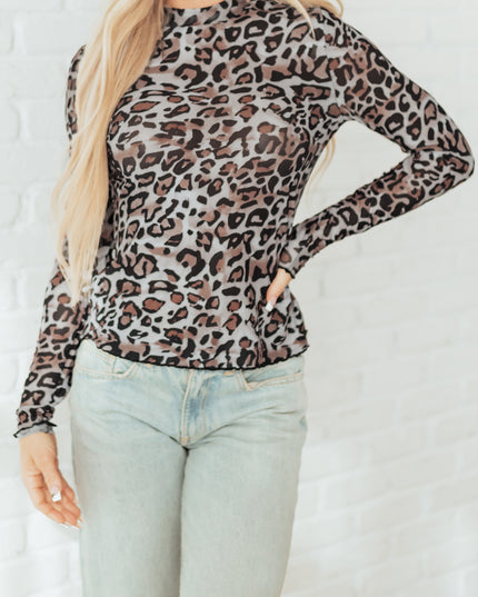 Brown Leopard Mock Neck Mesh Long Sleeve Top