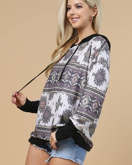 KC020-TANIA AZTEC PRINT COLOR BLOCK HOODIE