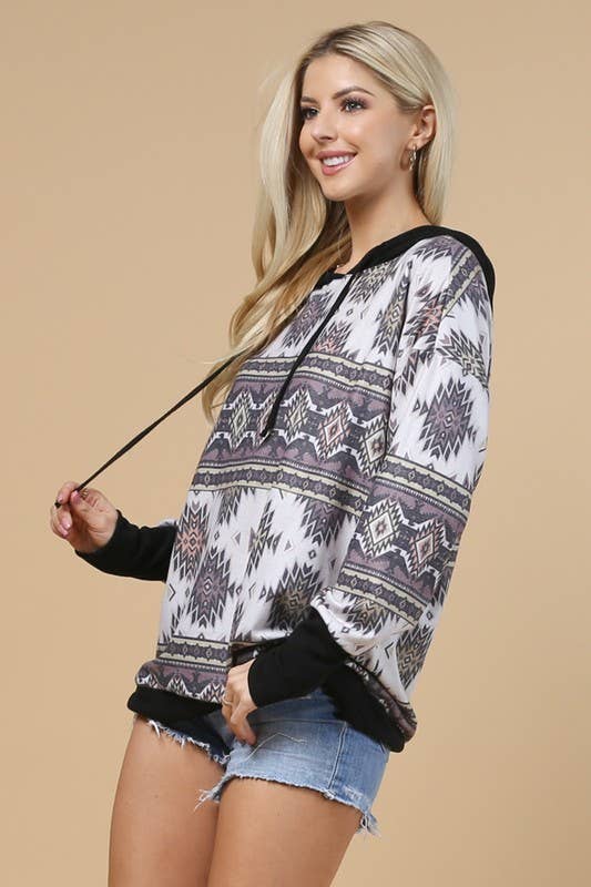 KC020-TANIA AZTEC PRINT COLOR BLOCK HOODIE