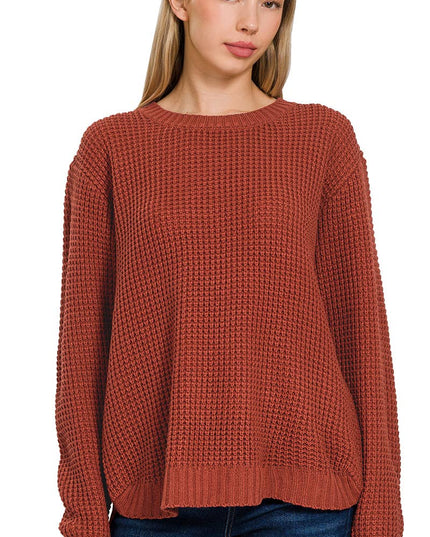 Hi Low Long Sleeve Round Neck Waffle Sweater Zenana