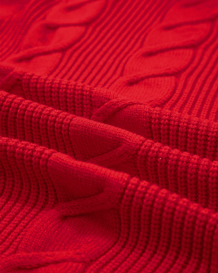 Tomato Red Cable Knit Turtleneck Ruffled Short Sleeve Sweater