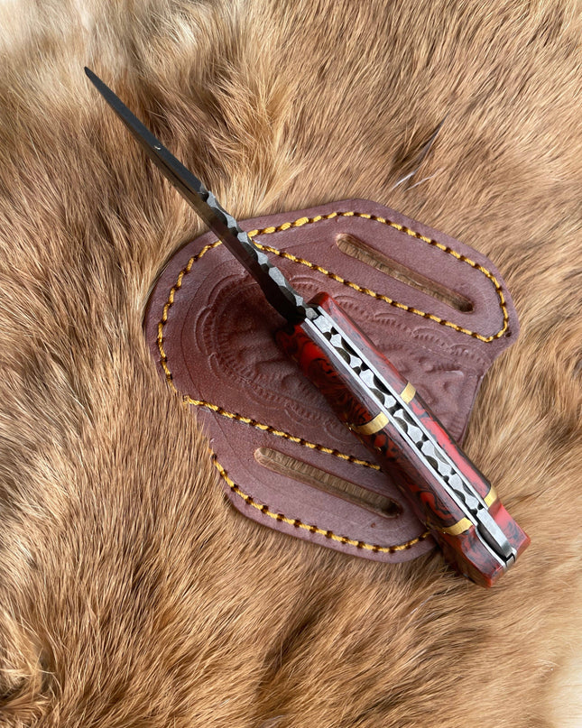 POCKET KNIFE RED RESIN WOOD 6.5'' DAMASCUS STEEL KNIFE STEEL