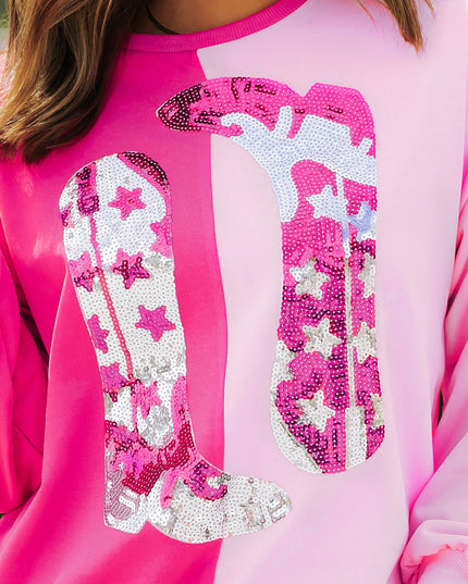 Pink Color Block Sequined Cowgirl Boots Graphic Sweatshirt