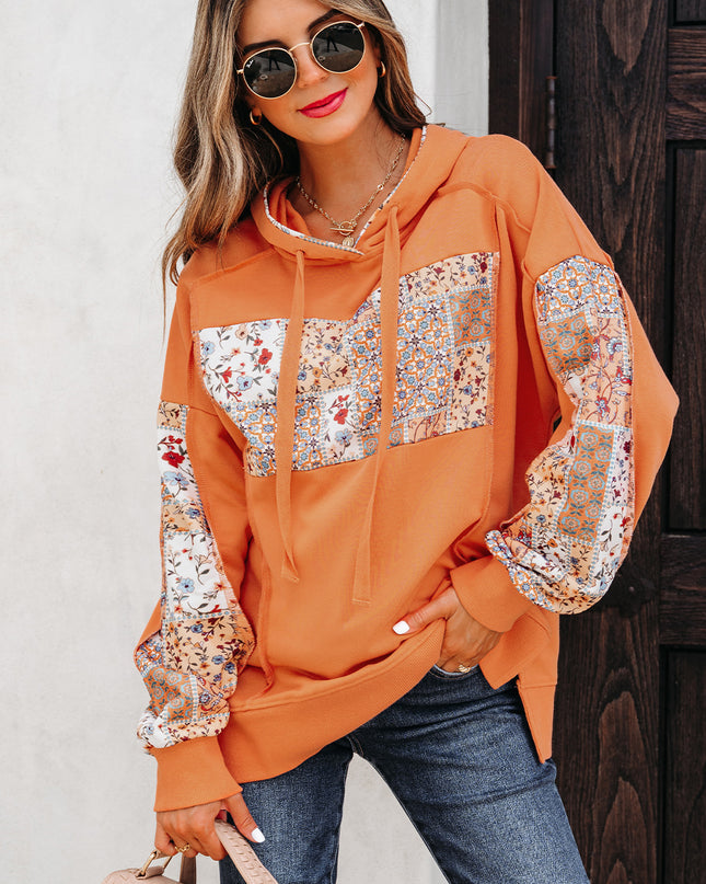 Flamingo Mix Floral Patchwork Side Slit Drawstring Hoodie