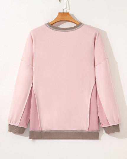 Light Pink Plus Color Block Waffle Patchwork Exposed Seam Baggy Sweatshirt