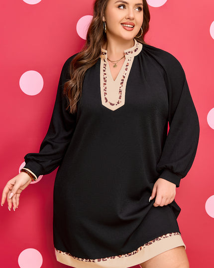 Black Contrast Color Block Leopard Trim Plus Size Ribbed Dress