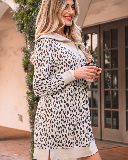 Khaki Leopard Print Zip up Collar Patchwork Shift Mini Dress