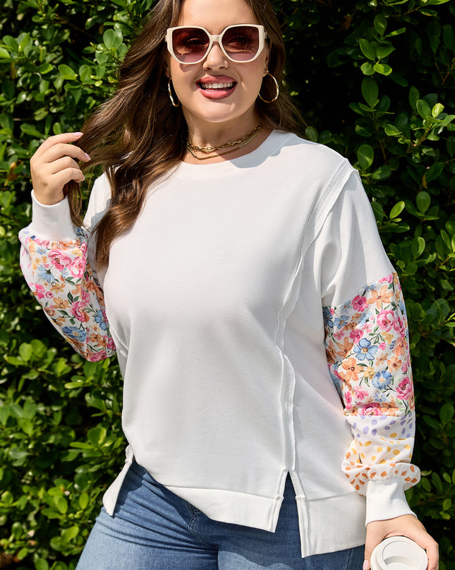 White Plus Size Exposed Seam Detail Contrast Dot Floral Patchwork Sleeve Sweatshirt