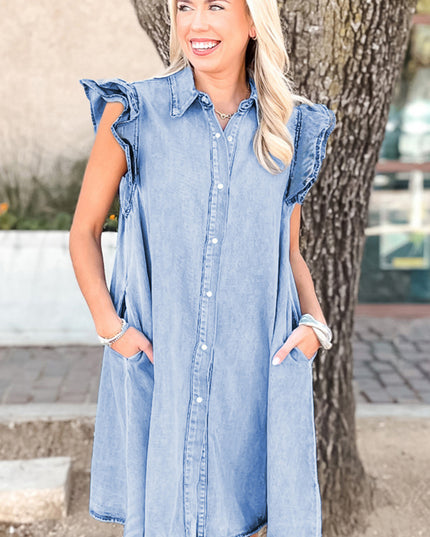 Beau Blue Double Ruffled Sleeves Buttoned A-line Collared Mini Denim Dress