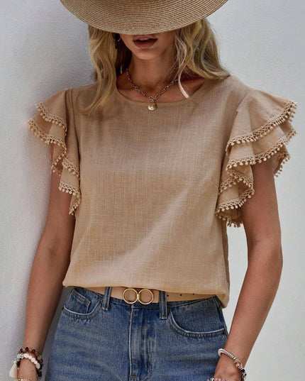 Crewneck Loose Lace Ruffle Short-Sleeved T-Shirt Top
