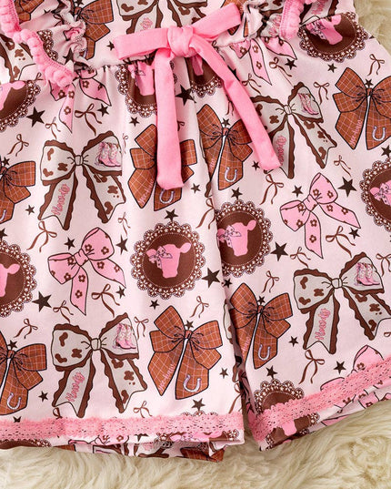 Coquette western bow printed pink & brown girls romper. PNG60128 SOL