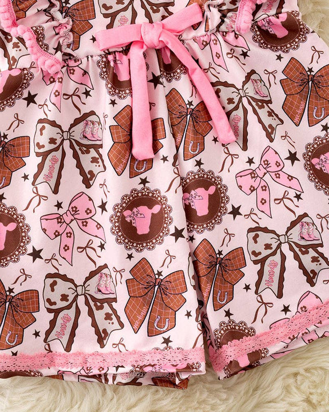 Coquette western bow printed pink & brown girls romper. PNG60128 SOL