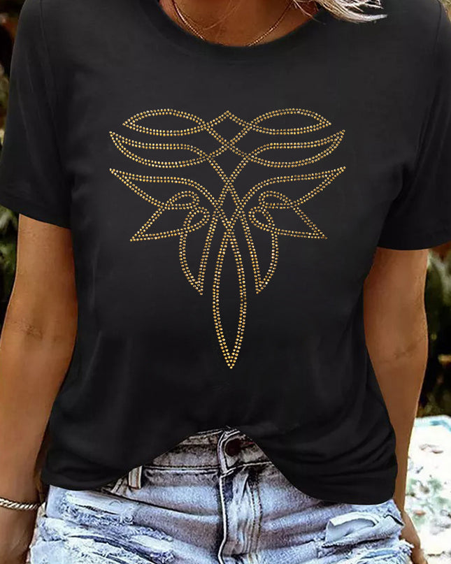 Black Rhinestone Western Pattern Cotton Blend Graphic T Shirt