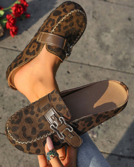 Coffee Faux Suede Cute Buckle PU Leather Strap Mule Slippers