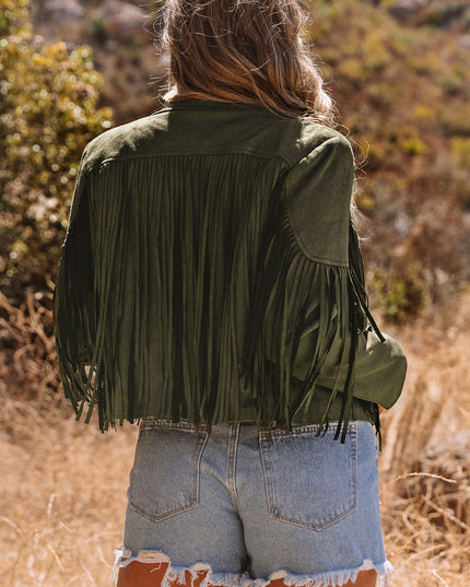 Green Cropped Fringe Faux Suede Jacket