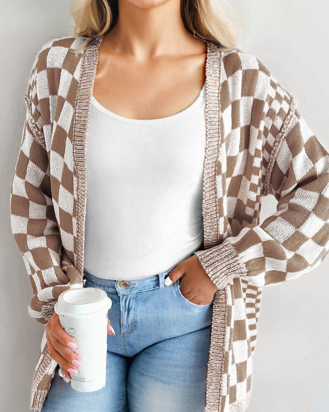 Orange Plus Size Checkered Bubble Sleeve Drop Shoulder Open Cardigan