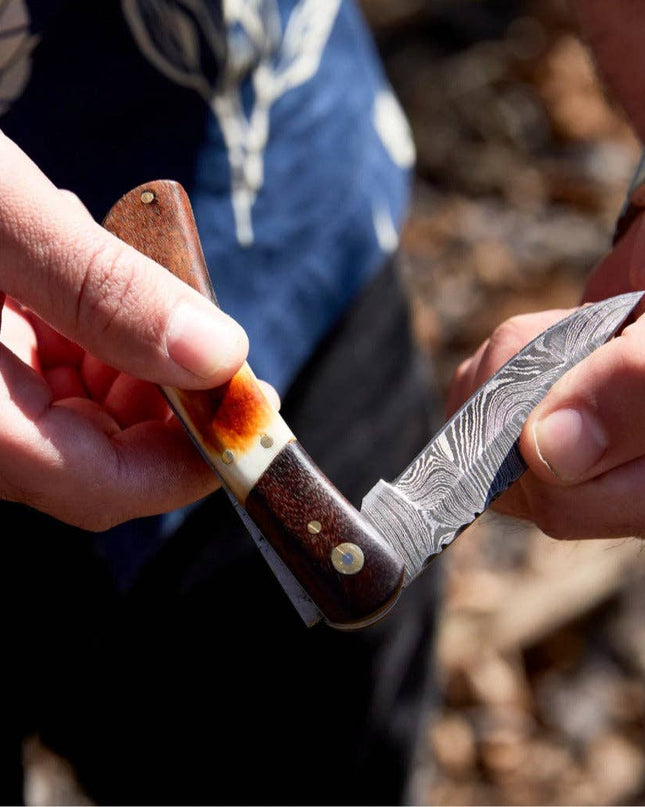 Walnut & Torched Bone Damascus Pocket Knife