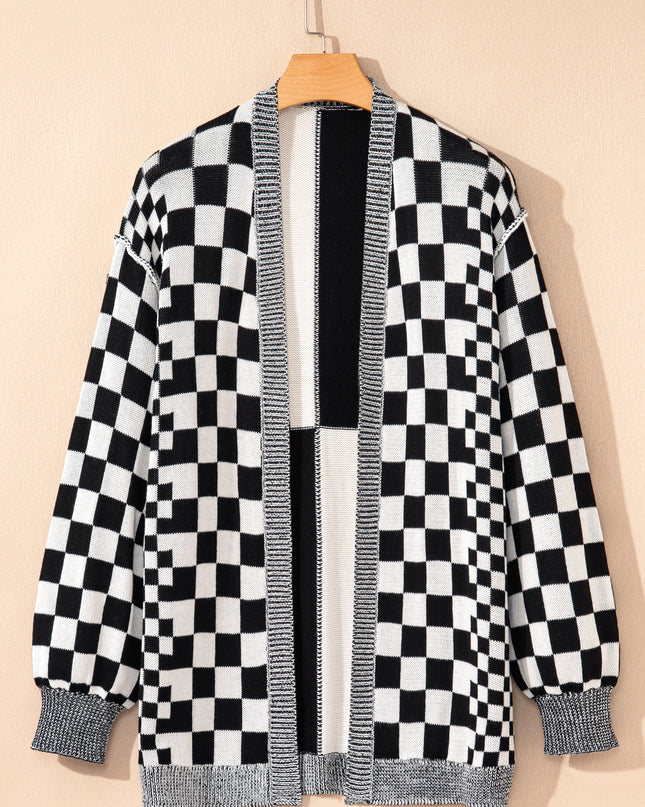 Orange Plus Size Checkered Bubble Sleeve Drop Shoulder Open Cardigan