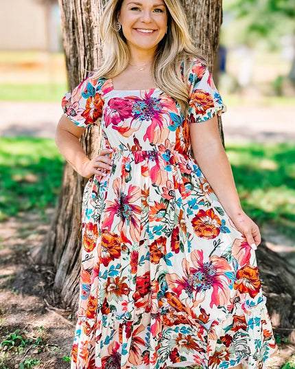 White Floral Square Neck Puff Sleeve Flowy Plus Size Midi Dress