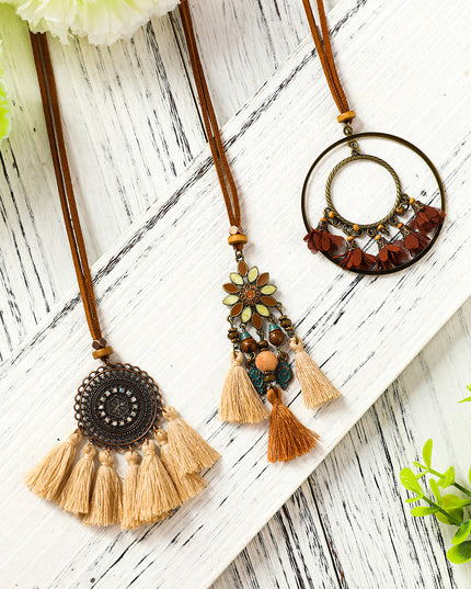 Multicolor 3pcs Bohemian Retro Tasseled Pendant Necklace