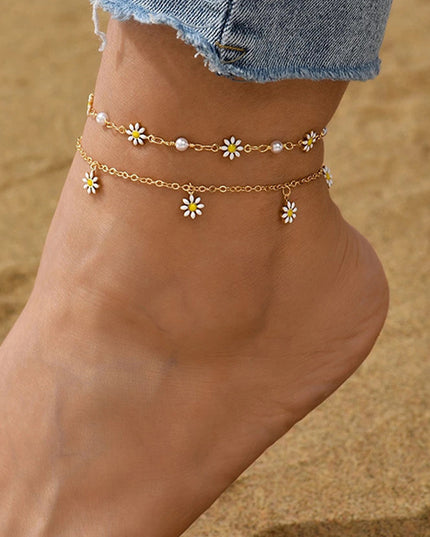 Gold Daisy & Pearl Chain Anklet