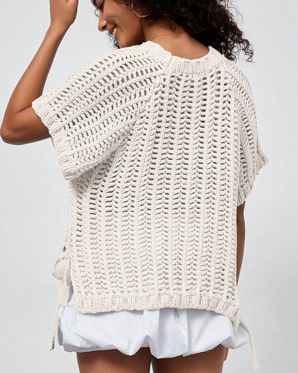 Pink Plus Size Open Knit Bow Tie Short Sleeve Sweater