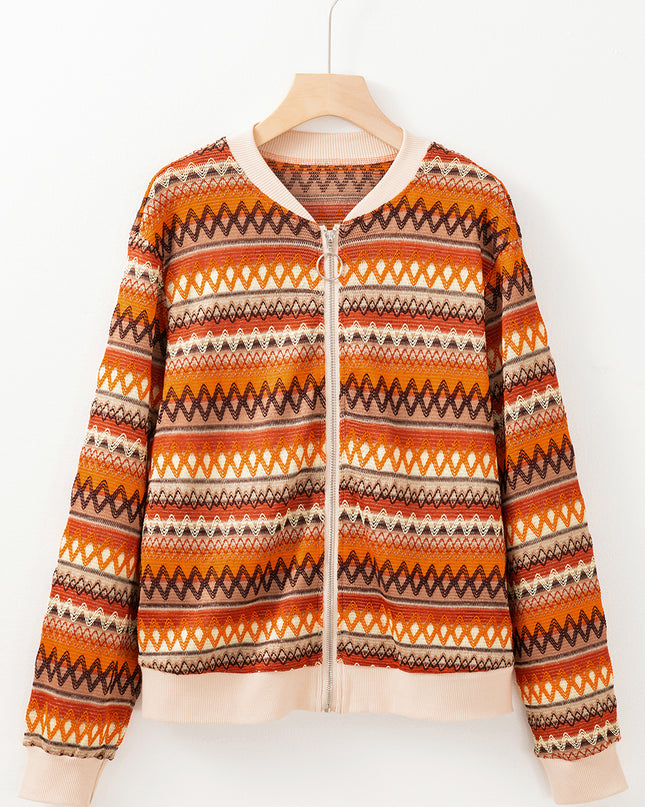 Orange Boho Striped Zip Up Long Sleeve Jacket