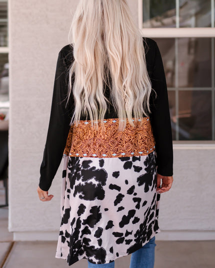 Black Western Pattern Cow Patchwork Open Front Cardigan