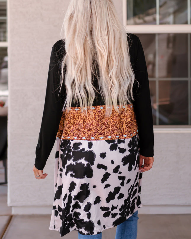 Black Western Pattern Cow Patchwork Open Front Cardigan