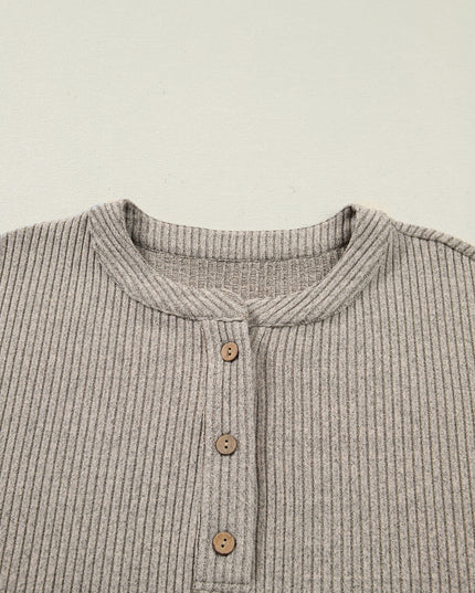 Simply Taupe Plus Size Ribbed Knit Kangaroo Pocket Henley Long Sleeve Top