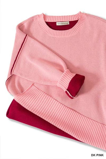 0805 Round Neck Contrast Trim Sweater SI-28343 Zenana