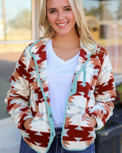 Fiery Red Western Aztec Buttoned Zipper Pockets Fleece Jacket