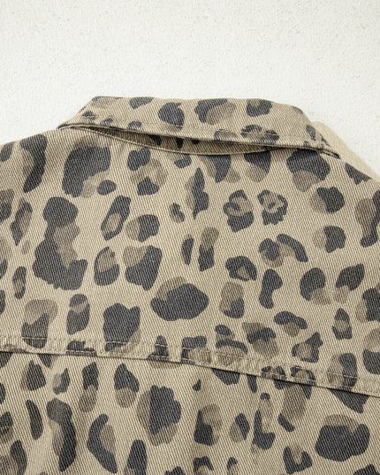 Khaki Retro Leopard Print Seam Detail Button Down Denim Jacket