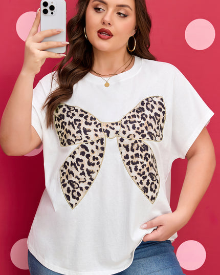 White Plus Size Leopard Bow Embroidered Patch Casual T Shirt