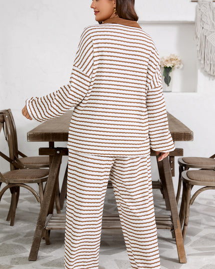 Khaki Stripe Plus Size Collared V Neck Loose Pullover Drawstring Elastic Waist Wide Leg Pant Set