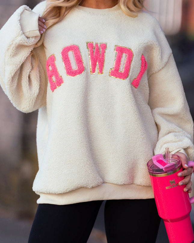 Beige Sherpa HOWDY Patched Pullover Sweatshirt