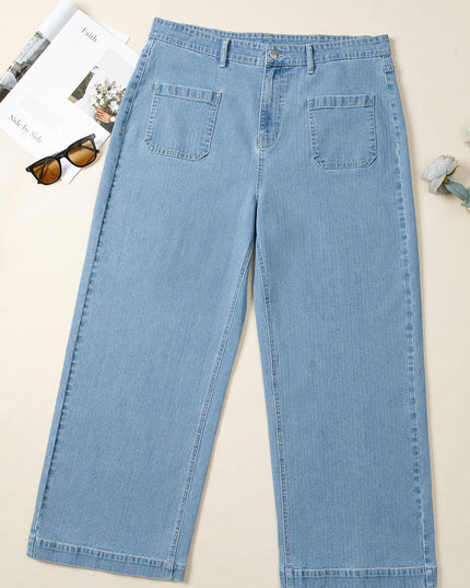 Dusk Blue Patched Pocket Textured Wide Leg Plus Size Jeans