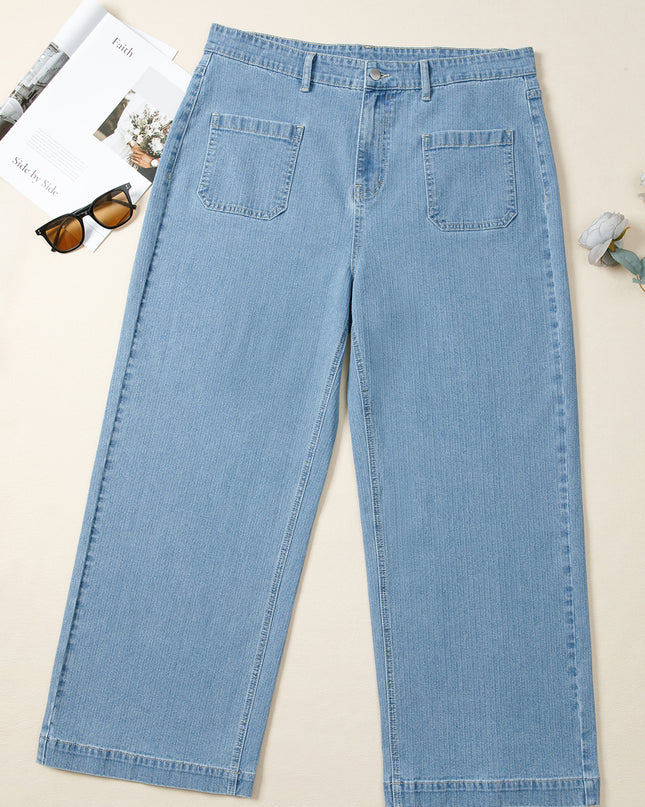 Dusk Blue Patched Pocket Textured Wide Leg Plus Size Jeans