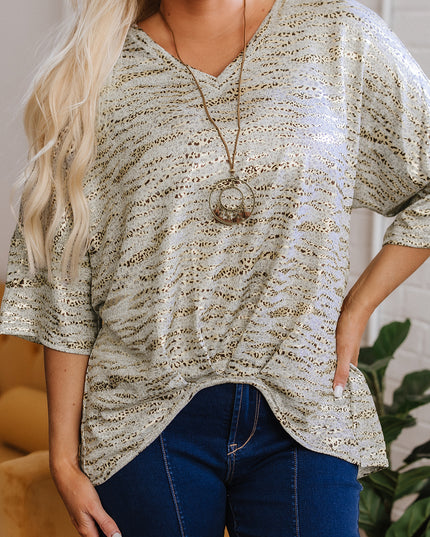 Gray Leopard Print Half Sleeve V Neck Loose Fit T Shirt