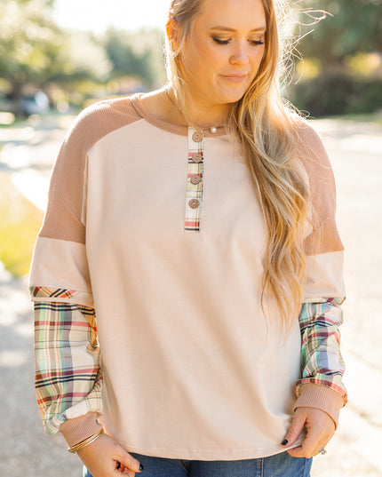Parchment Plus Size Plaid Patchwork Layered Henley Top