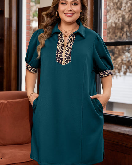 Sea Green Leopard Patchwork Detail Quarter Zip Collared Plus Size Mini Dress