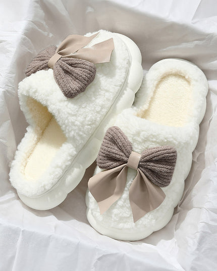 White Contrast Bowknot Applique Plush Winter Slippers (Colors May Differ by Batch)