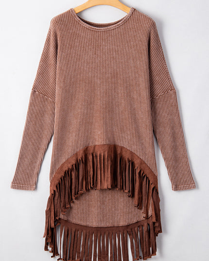 Coffee Waffle Knit Fringed High Low Loose Top