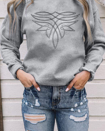 Gray Western Pattern Embroidered Drop Shoulder Pullover Top