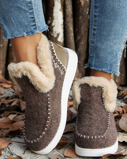 Coffee Suede Stitching Patchwork Plush Lined Anklet Boots