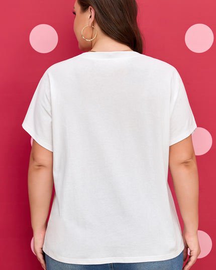 White Plus Size Leopard Bow Embroidered Patch Casual T Shirt