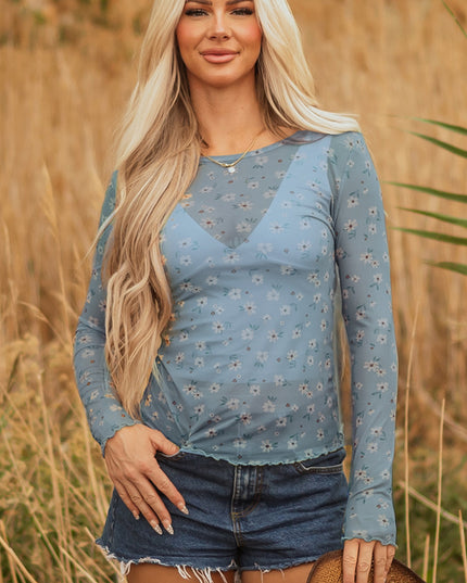 Sky Blue Vintage Floral Print Southern Style Mesh Long Sleeve Top