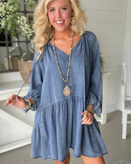 Myosotis Puff Sleeve V Neck Ruffled Loose Denim Mini Dress