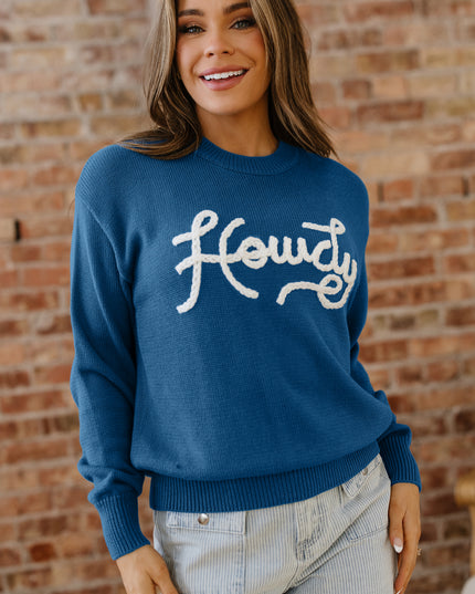 Dusk Blue Howdy Embroidered Graphic Western Sweater