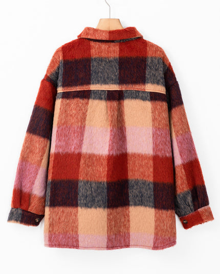 Orange Plaid Print Flap Pockets Buttoned Casual Plus Size Jacket